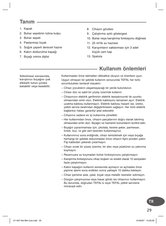 Kullanım önlemleri, Tanım | Groupe SEB USA - T-FAL Steamer Blender User Manual | Page 27 / 30