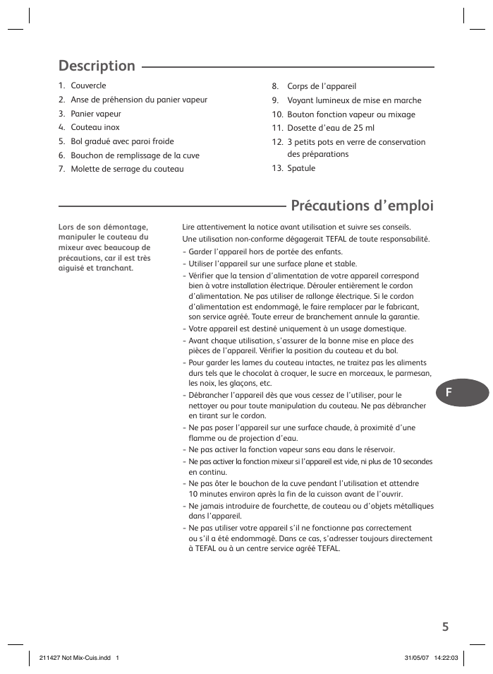 Précautions d’emploi, Description | Groupe SEB USA - T-FAL Steamer Blender User Manual | Page 3 / 30