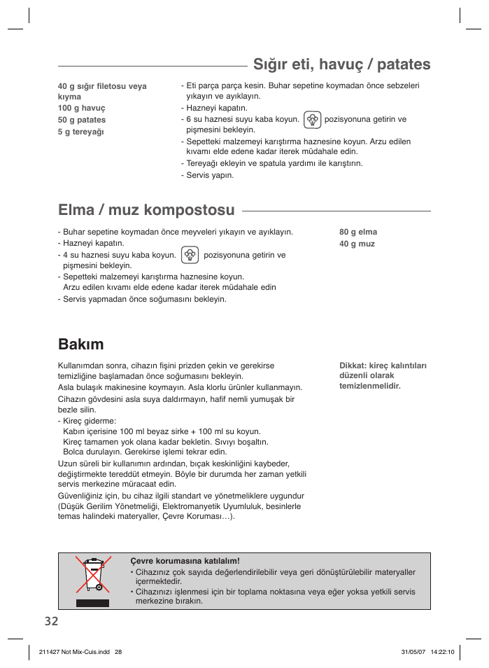 Sığır eti, havuç / patates, Elma / muz kompostosu, Bakım | Groupe SEB USA - T-FAL Steamer Blender User Manual | Page 30 / 30