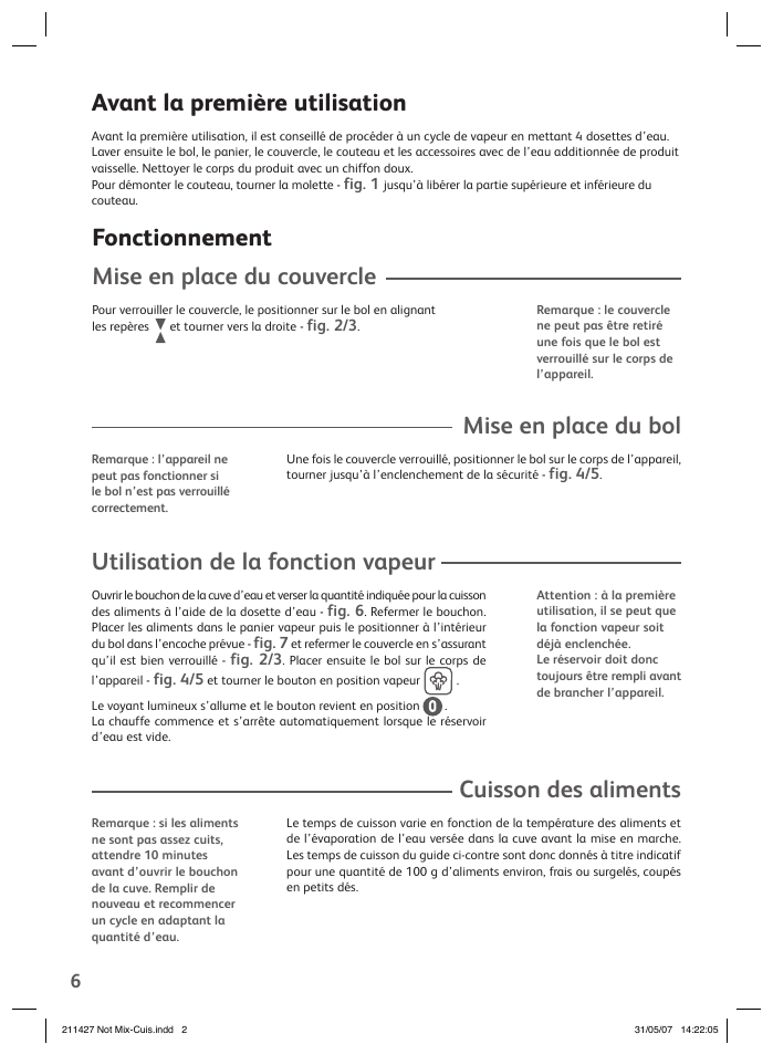 Mise en place du bol, Cuisson des aliments, Avant la première utilisation | Utilisation de la fonction vapeur, Fonctionnement mise en place du couvercle | Groupe SEB USA - T-FAL Steamer Blender User Manual | Page 4 / 30