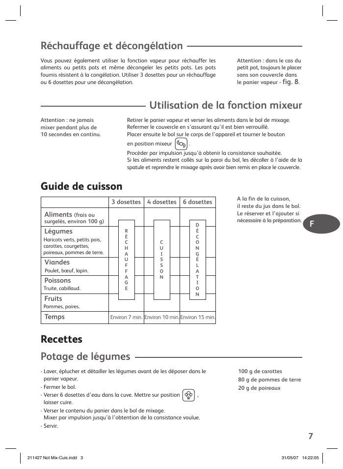 Réchauffage et décongélation, Utilisation de la fonction mixeur, Guide de cuisson | Recettes potage de légumes | Groupe SEB USA - T-FAL Steamer Blender User Manual | Page 5 / 30