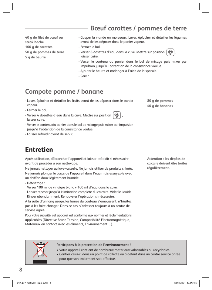 Bœuf carottes / pommes de terre, Compote pomme / banane, Entretien | Groupe SEB USA - T-FAL Steamer Blender User Manual | Page 6 / 30