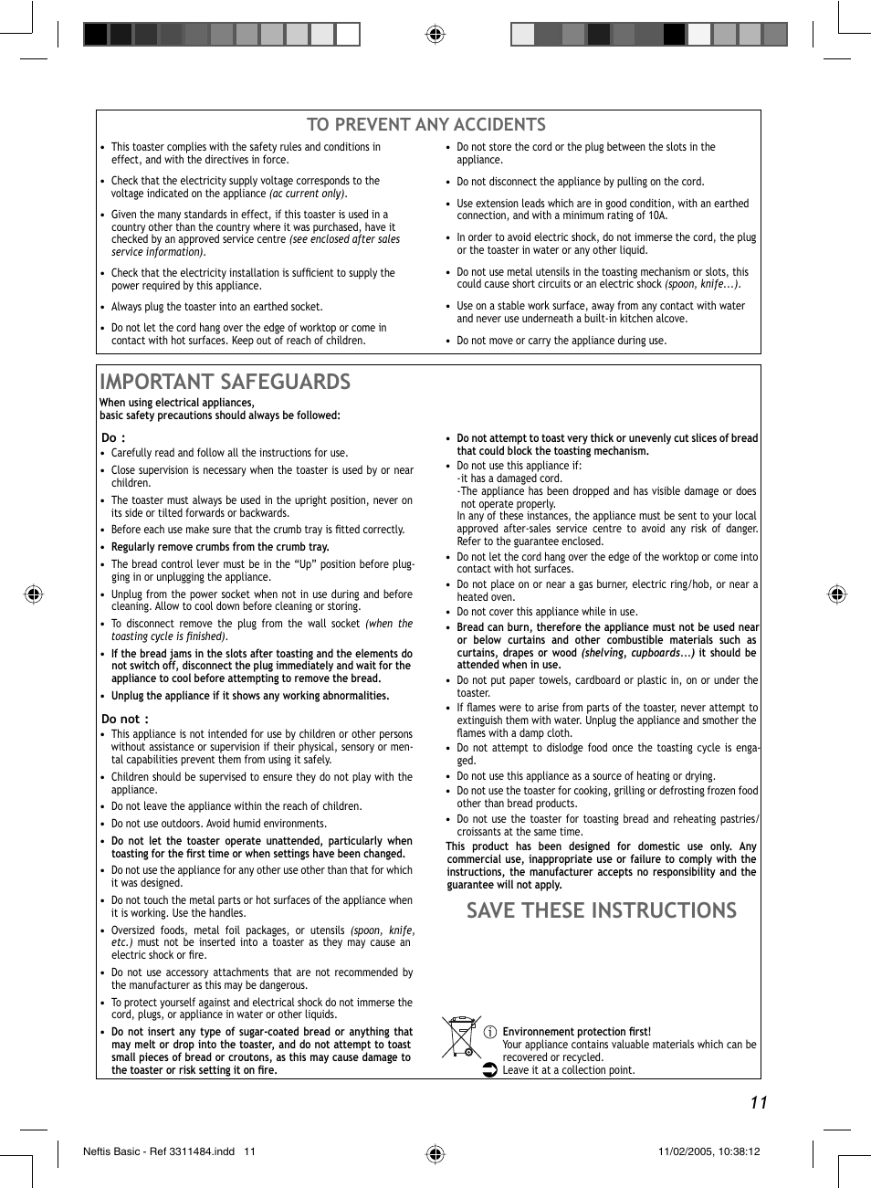 Important safeguards, Save these instructions | Groupe SEB USA - T-FAL Neftis User Manual | Page 11 / 12