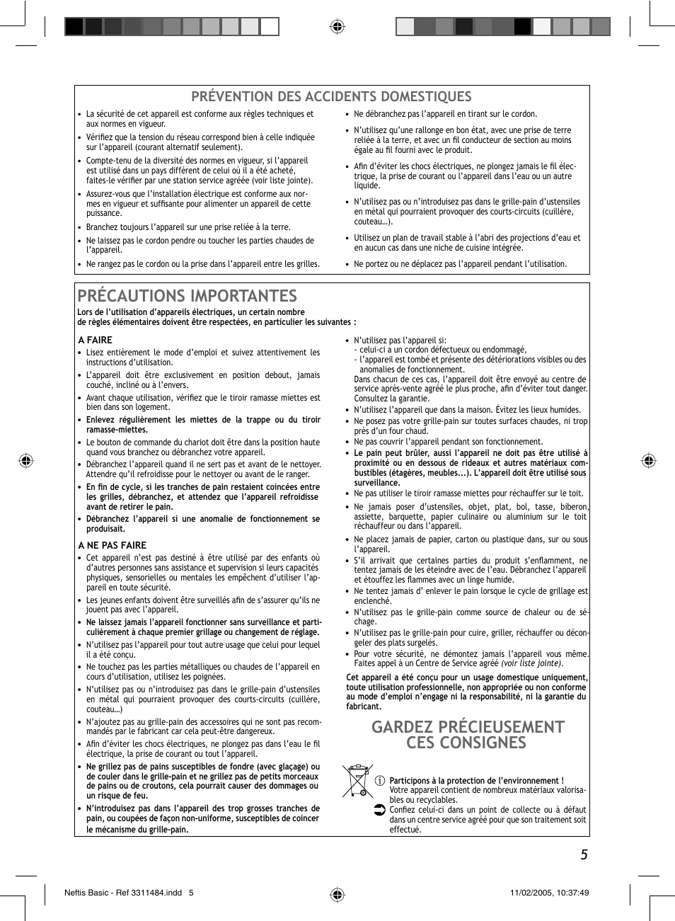 Précautions importantes, Gardez précieusement ces consignes, Prévention des accidents domestiques | Groupe SEB USA - T-FAL Neftis User Manual | Page 5 / 12