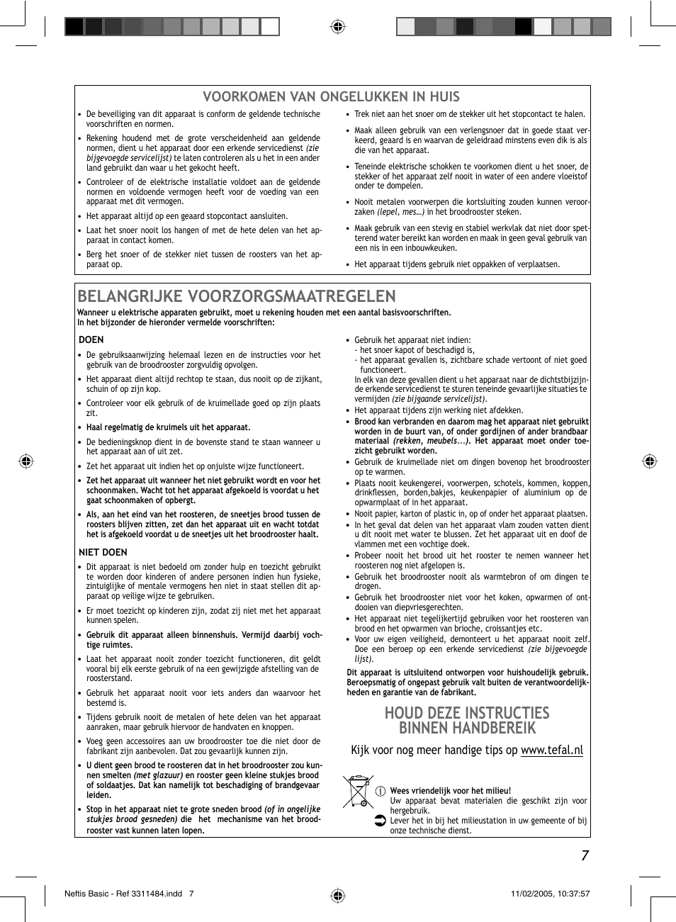 Belangrijke voorzorgsmaatregelen, Houd deze instructies binnen handbereik, Voorkomen van ongelukken in huis | Groupe SEB USA - T-FAL Neftis User Manual | Page 7 / 12
