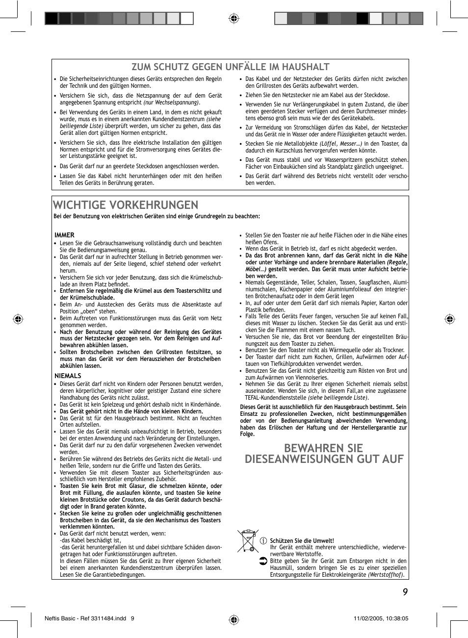 Wichtige vorkehrungen, Bewahren sie dieseanweisungen gut auf, Zum schutz gegen unfälle im haushalt | Groupe SEB USA - T-FAL Neftis User Manual | Page 9 / 12