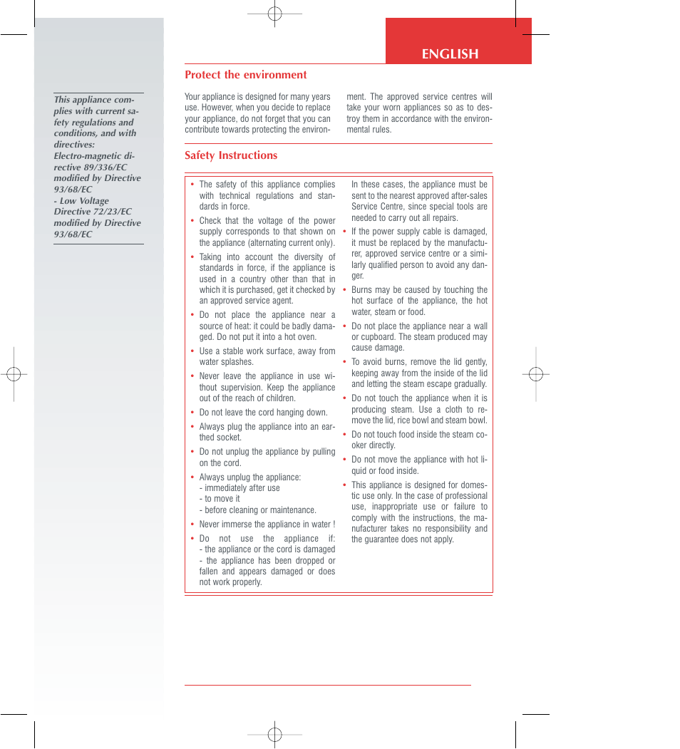 English, Safety instructions, Protect the environment | Groupe SEB USA - T-FAL 700 User Manual | Page 11 / 12