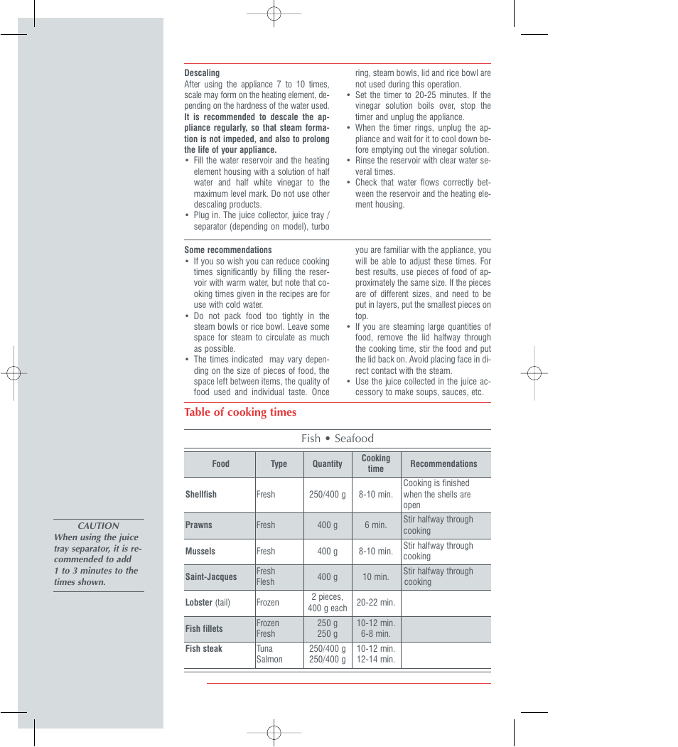 Table of cooking times fish • seafood | Groupe SEB USA - T-FAL 700 User Manual | Page 8 / 12