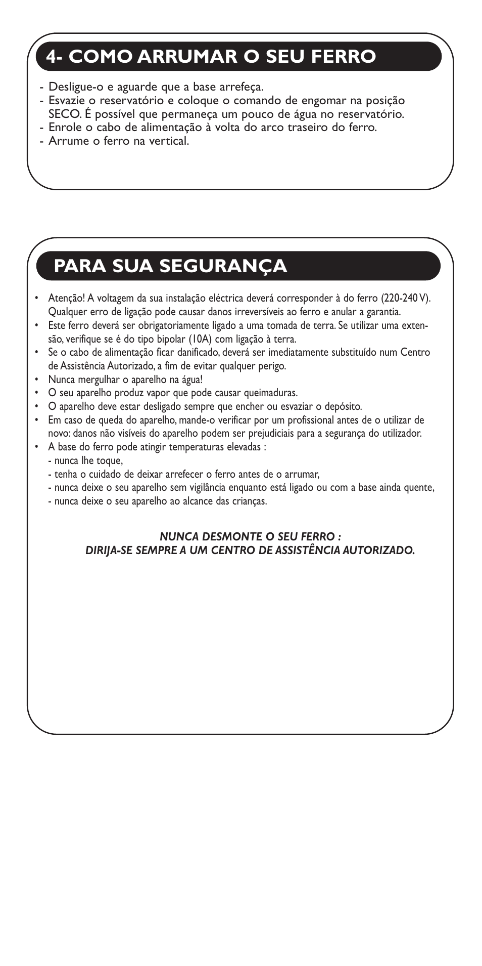Como arrumar o seu ferro para sua segurança | Groupe SEB USA - T-FAL Aquaspeed FV5150 User Manual | Page 17 / 18