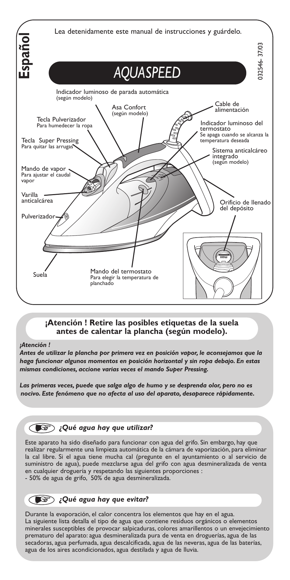Aquaspeed, Español | Groupe SEB USA - T-FAL Aquaspeed FV5150 User Manual | Page 7 / 18