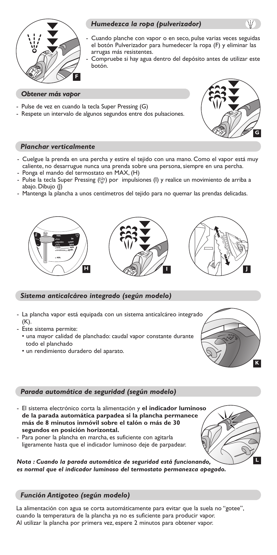 Humedezca la ropa (pulverizador), Sistema anticalcáreo integrado (según modelo), Función antigoteo (según modelo) | Groupe SEB USA - T-FAL Aquaspeed FV5150 User Manual | Page 9 / 18