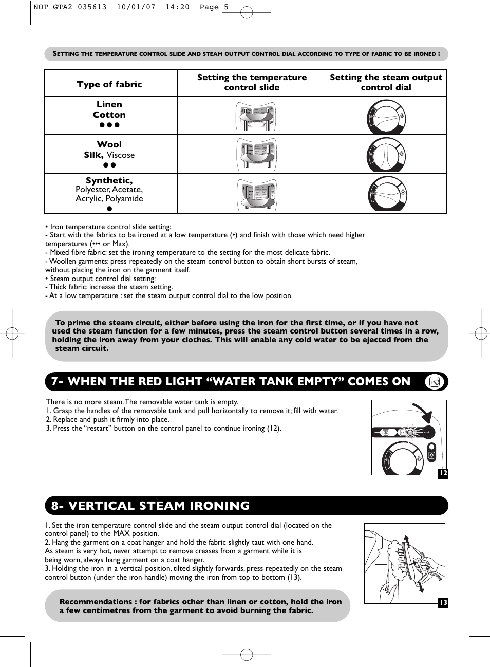 Vertical steam ironing, When the red light “water tank empty” comes on, Type of fabric linen cotton | Wool silk, viscose, Synthetic, polyester, acetate, acrylic, polyamide | Groupe SEB USA - T-FAL PRO EXPRESS User Manual | Page 5 / 9