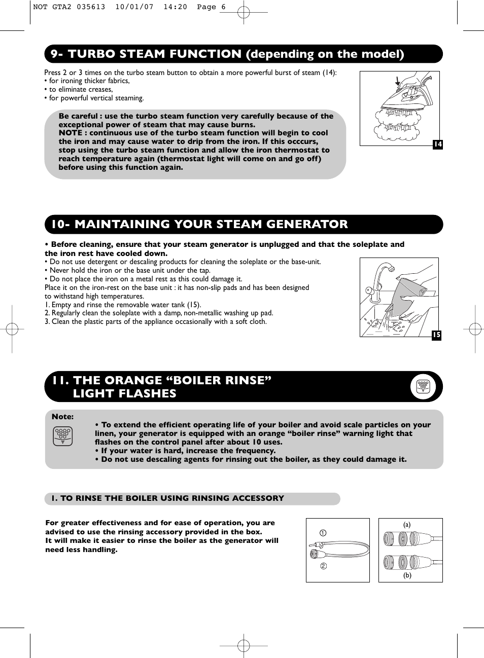 The orange “boiler rinse” light flashes, Turbo steam function (depending on the model), Maintaining your steam generator | Groupe SEB USA - T-FAL PRO EXPRESS User Manual | Page 6 / 9