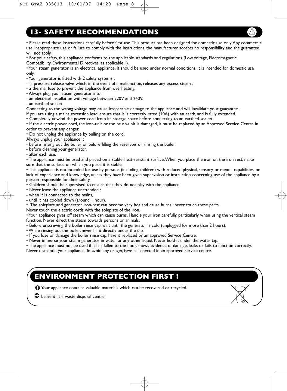 Safety recommendations, Environment protection first | Groupe SEB USA - T-FAL PRO EXPRESS User Manual | Page 8 / 9