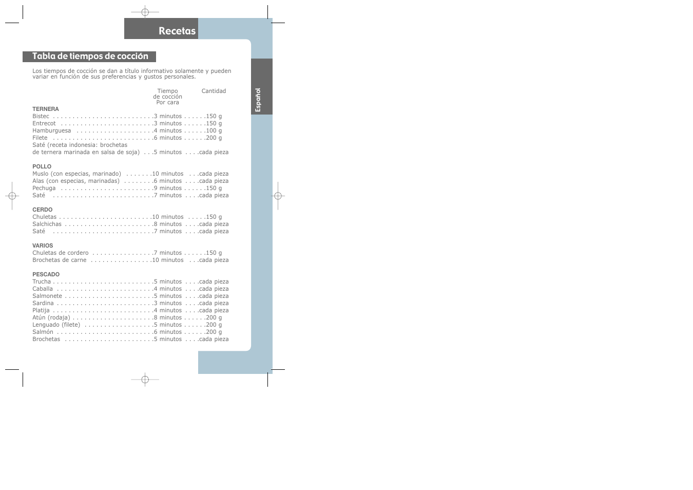Recetas, Tabla de tiempos de cocción | Groupe SEB USA - T-FAL CB6070 User Manual | Page 25 / 30