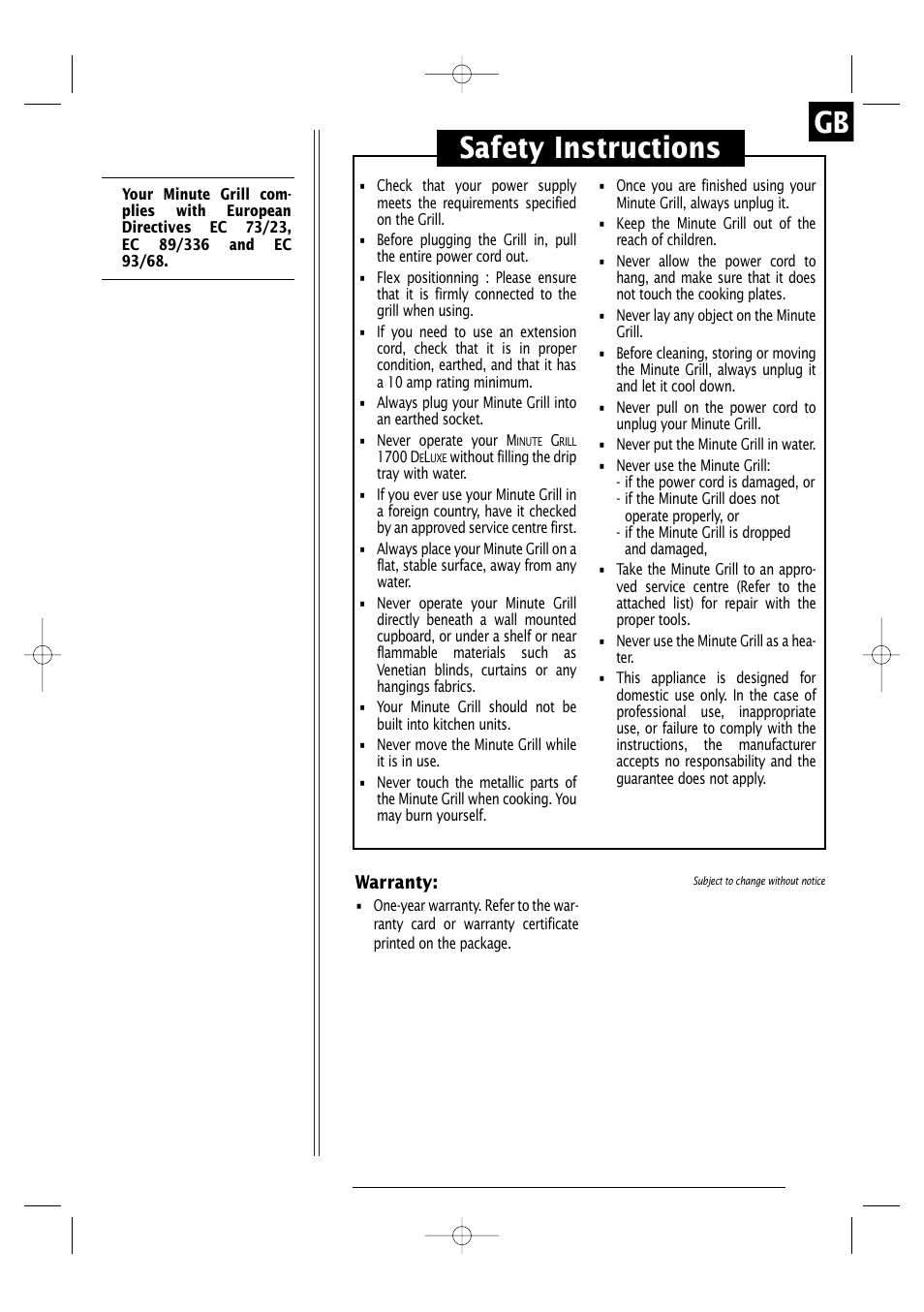 Safety instructions | Groupe SEB USA - T-FAL Minute Grill 1700 User Manual | Page 7 / 8