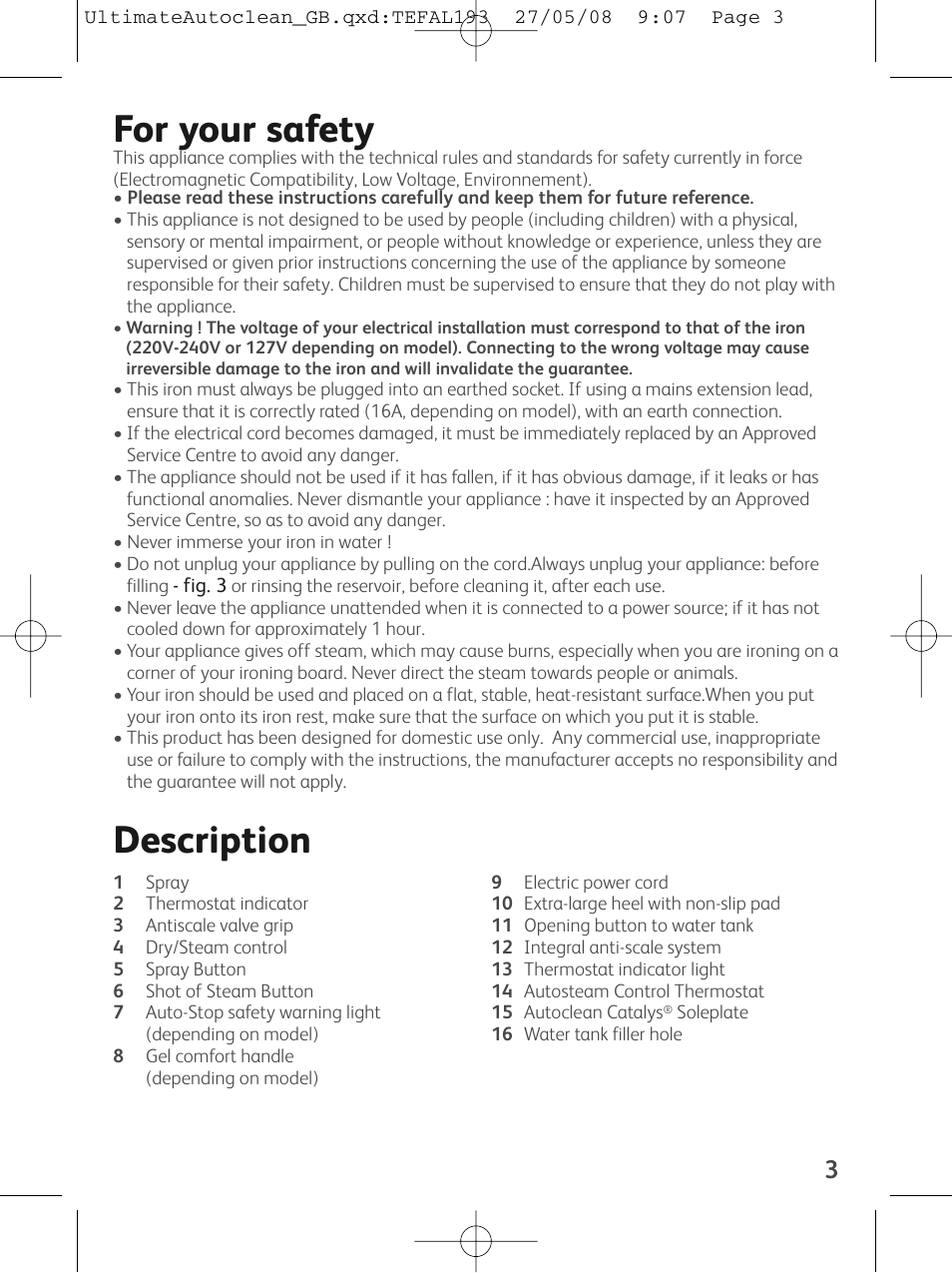 For your safety, Description | Groupe SEB USA - T-FAL FV9440 User Manual | Page 3 / 8