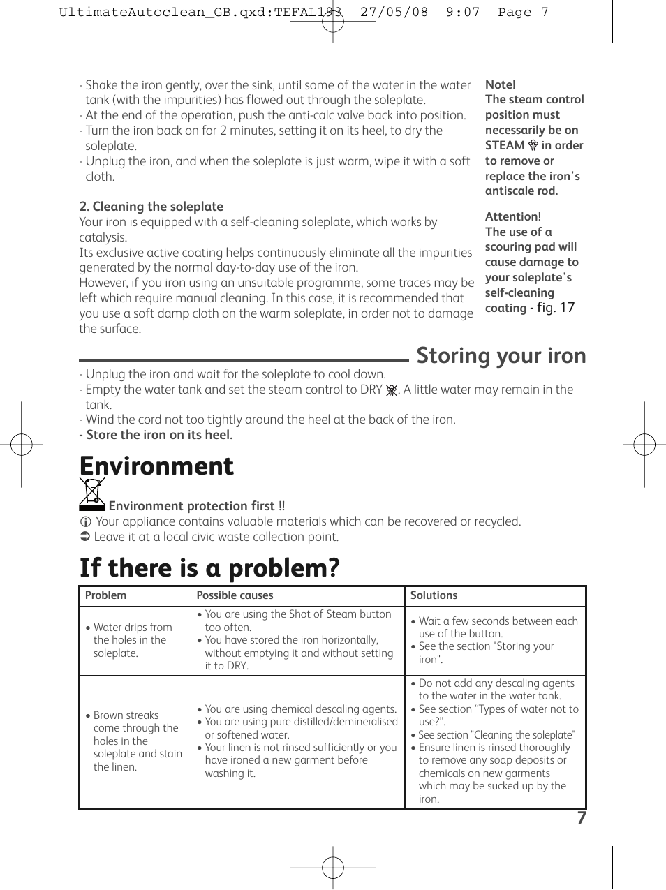 Environment, If there is a problem, Storing your iron | Groupe SEB USA - T-FAL FV9440 User Manual | Page 7 / 8