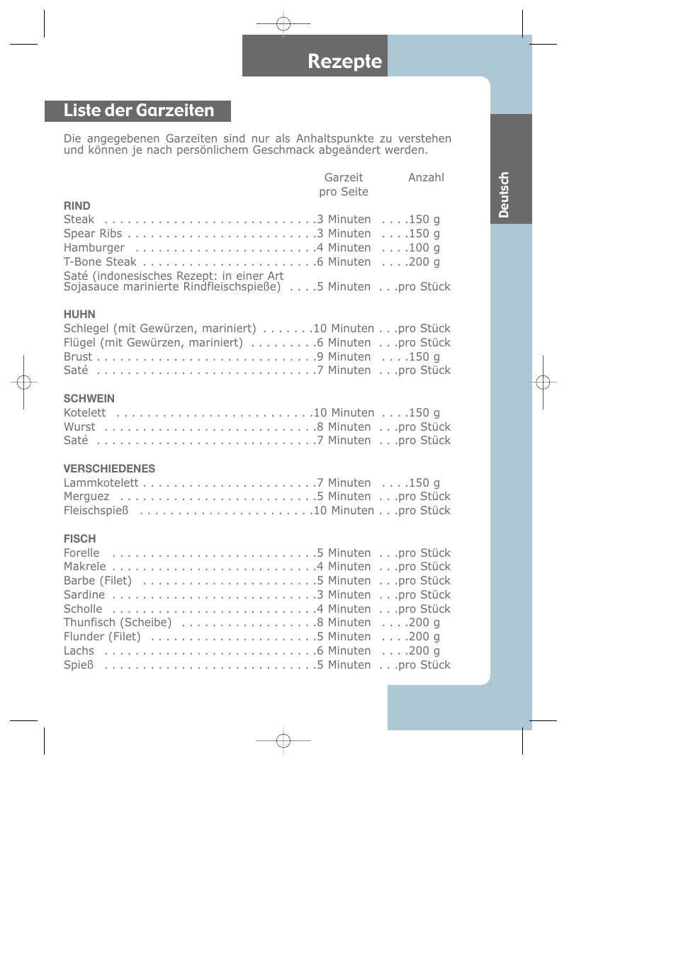 Recettes, Rezepte, Liste der garzeiten | Groupe SEB USA - T-FAL Largo CB6080 User Manual | Page 21 / 49