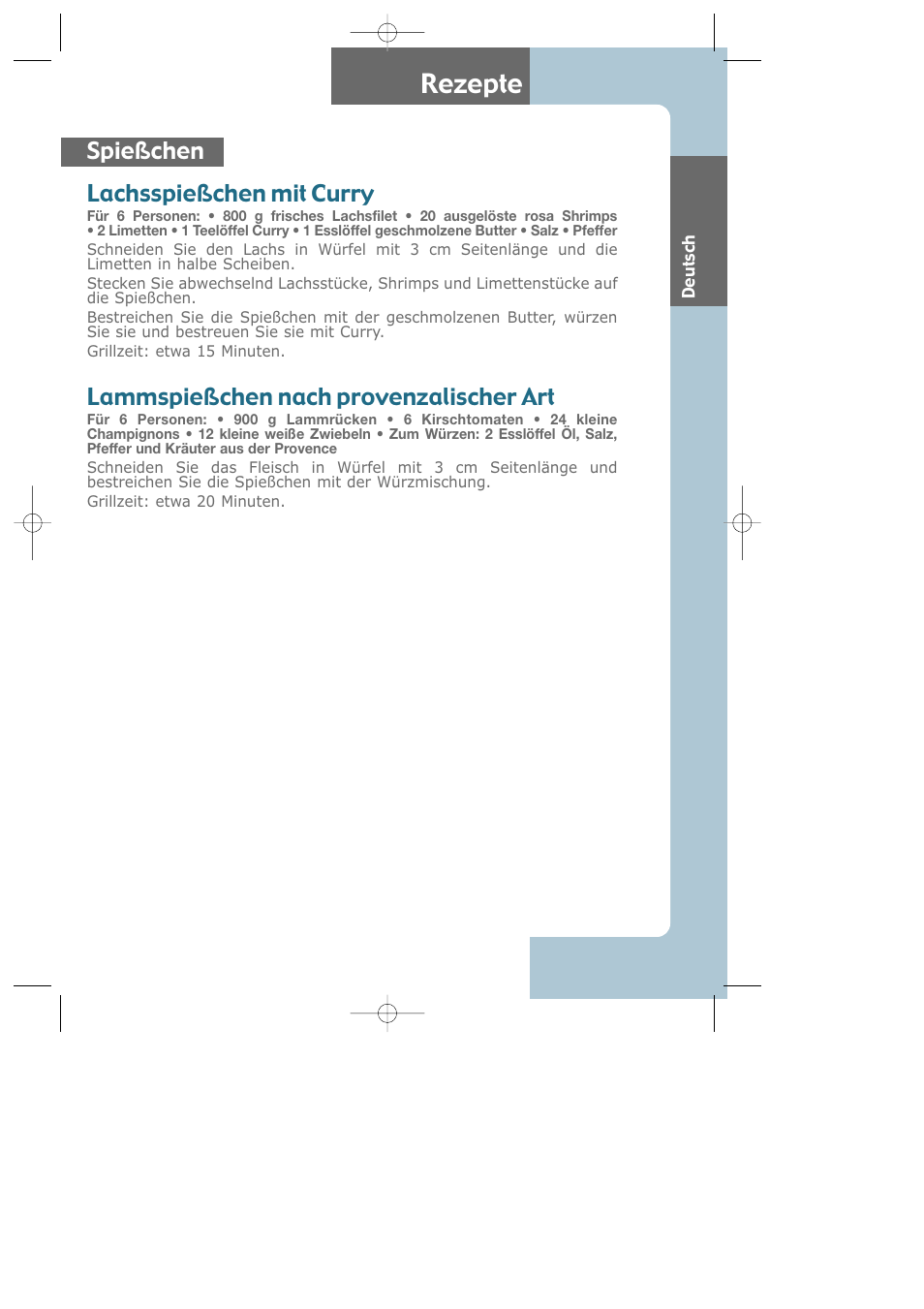 Recettes, Rezepte, Spießchen lachsspießchen mit curry | Lammspießchen nach provenzalischer art | Groupe SEB USA - T-FAL Largo CB6080 User Manual | Page 25 / 49