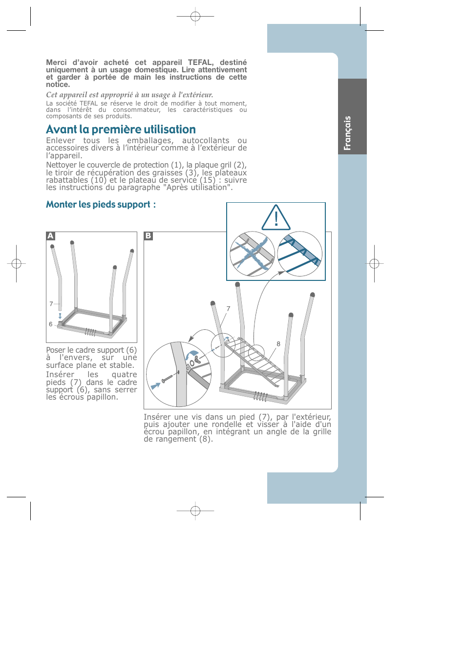 French, Avant la première utilisation | Groupe SEB USA - T-FAL Largo CB6080 User Manual | Page 4 / 49
