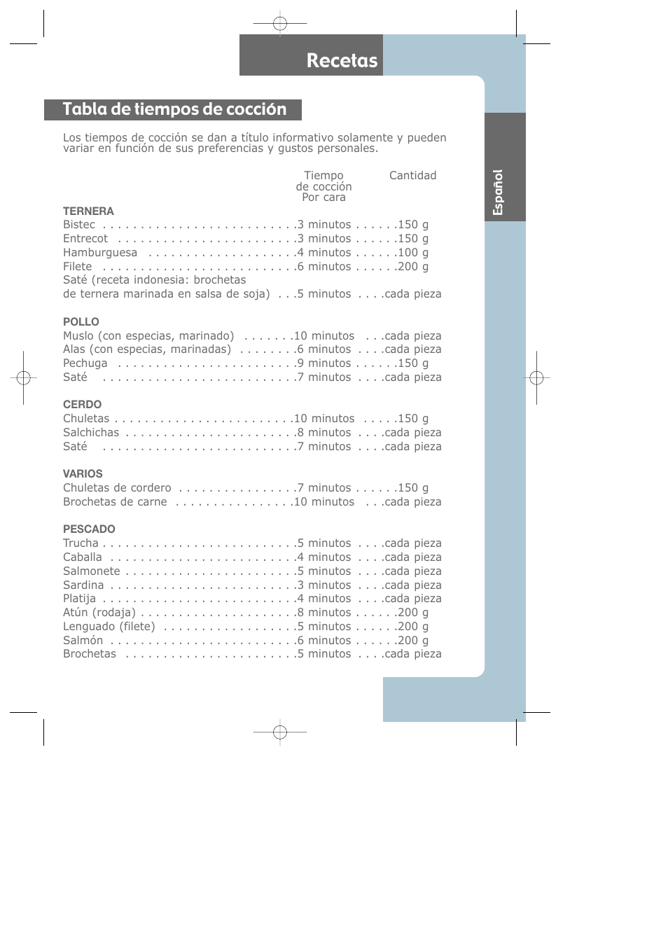 Recetas, Croque-monsieur, Tabla de tiempos de cocción | Groupe SEB USA - T-FAL Largo CB6080 User Manual | Page 44 / 49