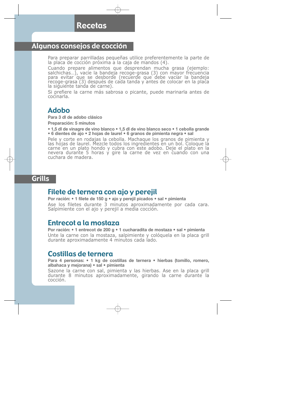 Recetas, Croque-monsieur algunos consejos de cocción, Adobo | Grills filete de ternera con ajo y perejil, Entrecot a la mostaza, Costillas de ternera | Groupe SEB USA - T-FAL Largo CB6080 User Manual | Page 45 / 49