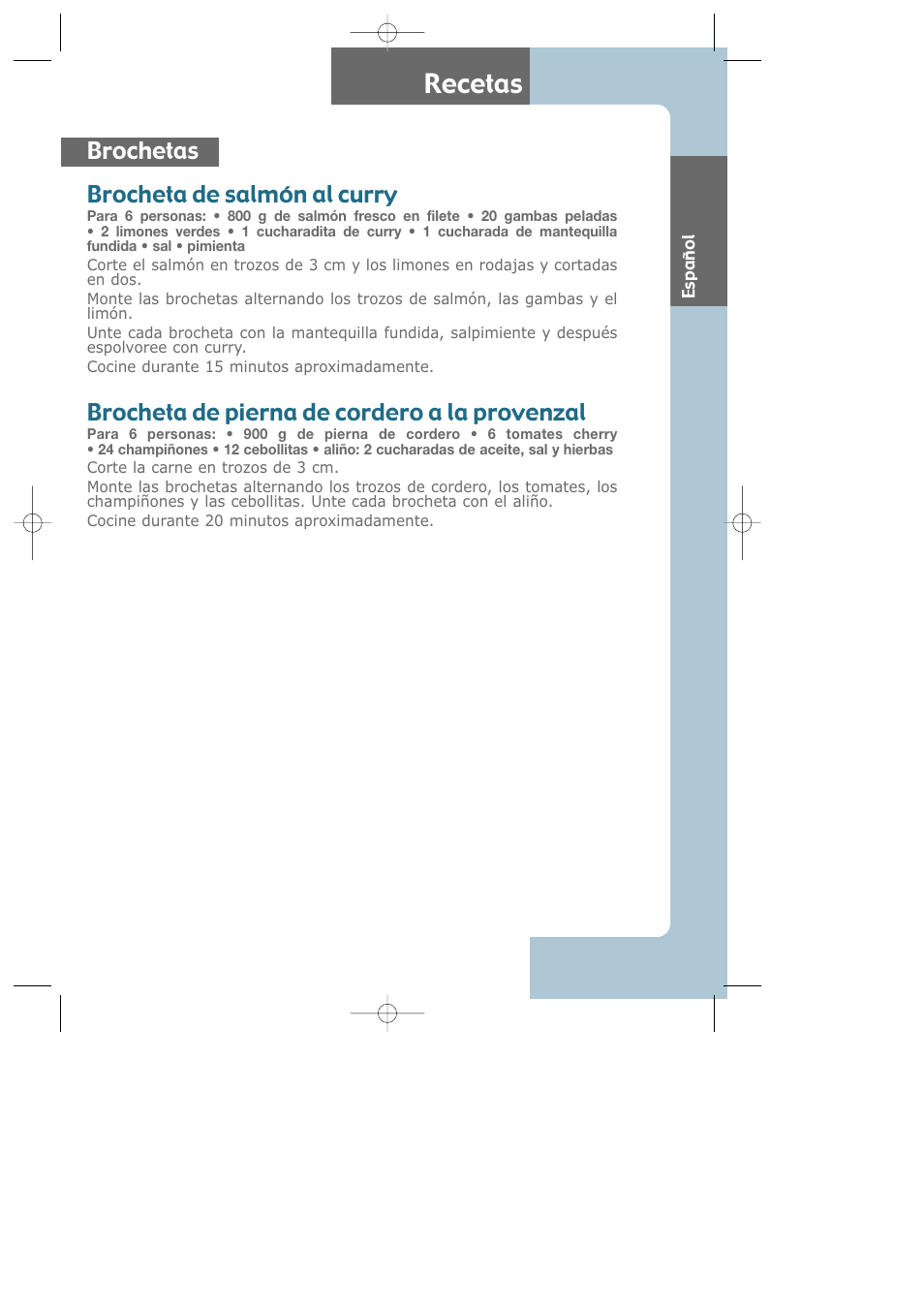 Recetas, Brocheta de salmón al curry, Brocheta de pierna de cordero a la provenzal | Brochetas | Groupe SEB USA - T-FAL Largo CB6080 User Manual | Page 48 / 49