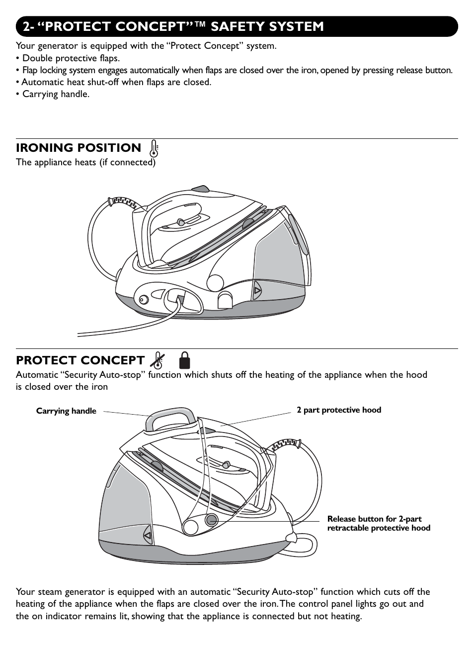 “protect concept”™ safety system, Ironing position, Protect concept | Groupe SEB USA - T-FAL PROTECT User Manual | Page 3 / 9