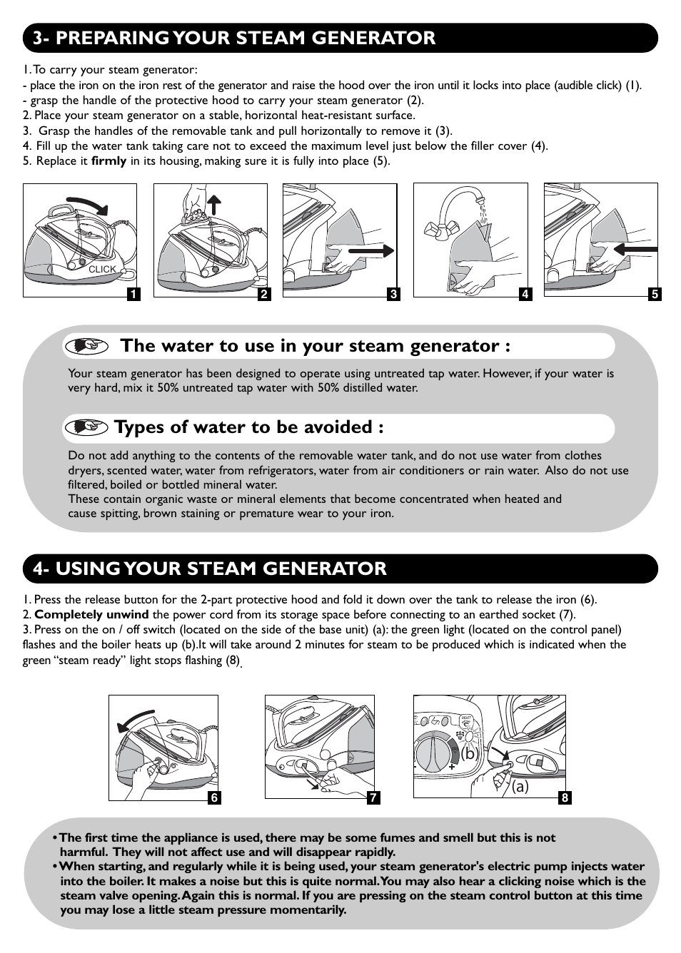 Using your steam generator, Preparing your steam generator, A) (b) | Groupe SEB USA - T-FAL PROTECT User Manual | Page 4 / 9