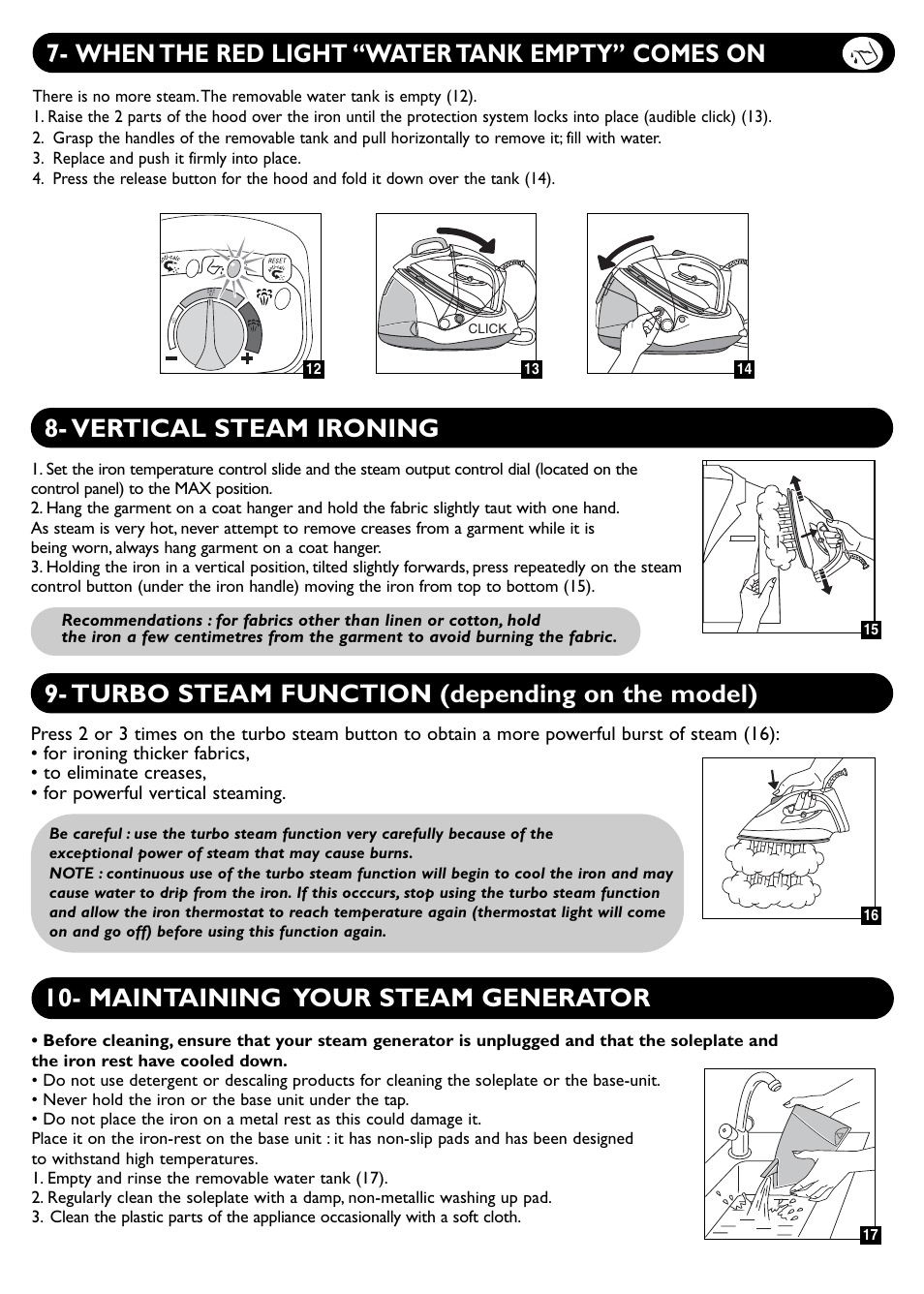 Turbo steam function (depending on the model), When the red light “water tank empty” comes on | Groupe SEB USA - T-FAL PROTECT User Manual | Page 6 / 9