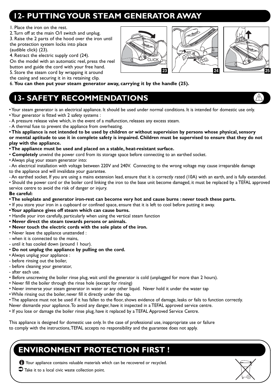 Safety recommendations, Putting your steam generator away, Environment protection first | Groupe SEB USA - T-FAL PROTECT User Manual | Page 8 / 9