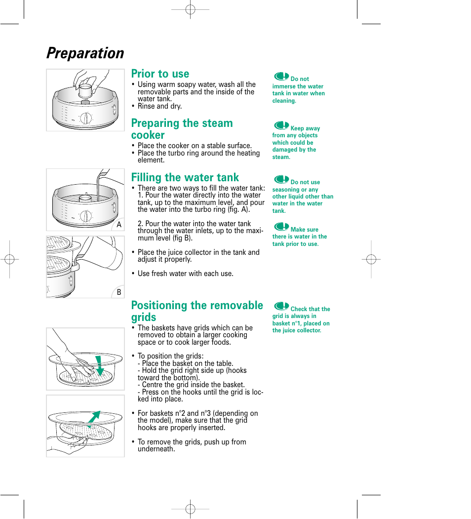 Preparation, Prior to use, Preparing the steam cooker | Filling the water tank, Positioning the removable grids | Groupe SEB USA - T-FAL 6168 User Manual | Page 4 / 9