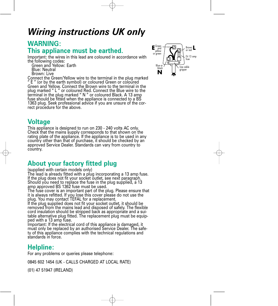 Wiring instructions uk only, Warning: this appliance must be earthed, Voltage | About your factory fitted plug, Helpline, En l | Groupe SEB USA - T-FAL 6168 User Manual | Page 5 / 9