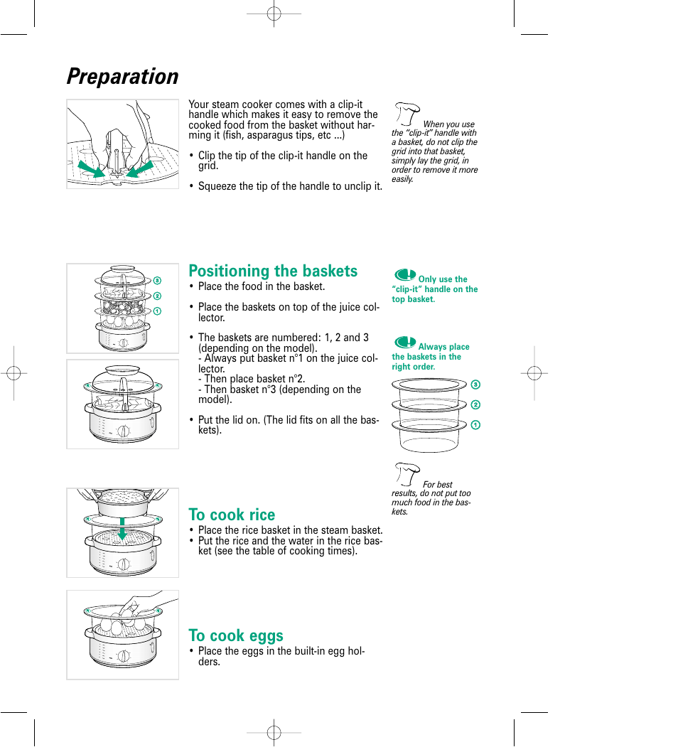 Preparation, Positioning the baskets | Groupe SEB USA - T-FAL 6168 User Manual | Page 6 / 9
