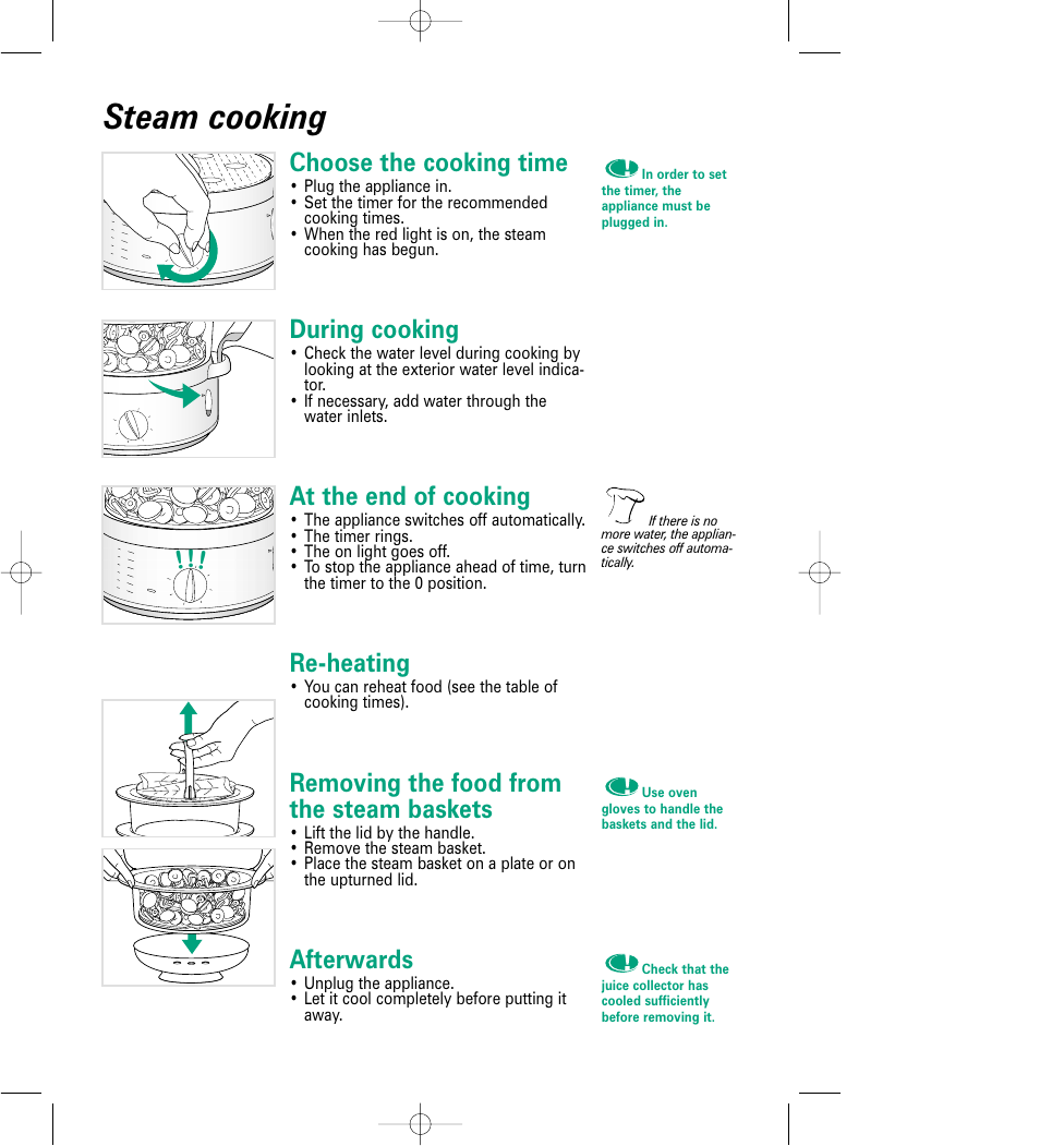 Steam cooking, Choose the cooking time, During cooking | At the end of cooking, Re-heating, Removing the food from the steam baskets, Afterwards | Groupe SEB USA - T-FAL 6168 User Manual | Page 7 / 9
