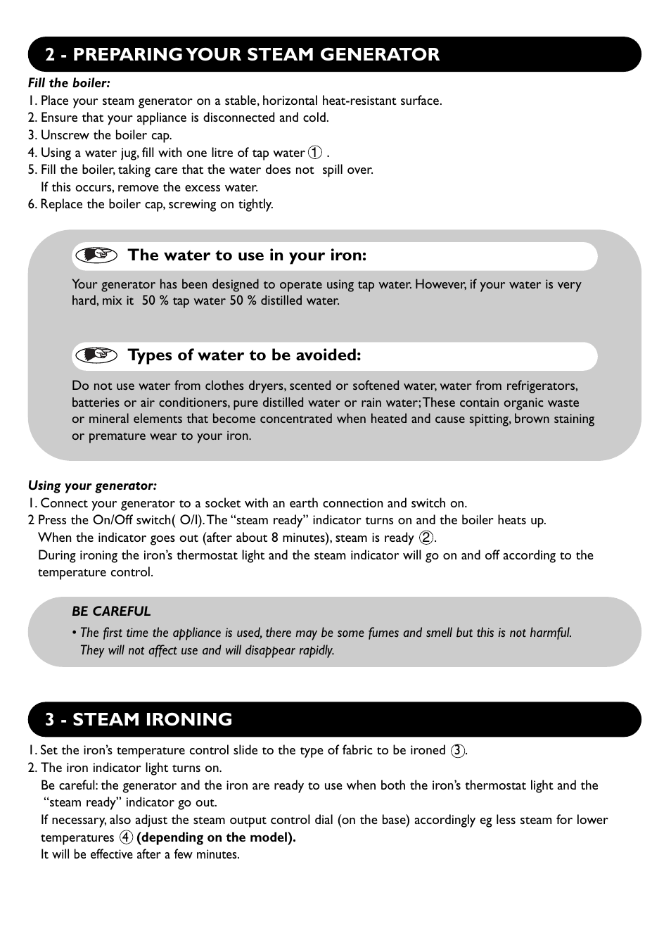2 - preparing your steam generator, 3 - steam ironing | Groupe SEB USA - T-FAL Steam Generator 028043 User Manual | Page 4 / 8