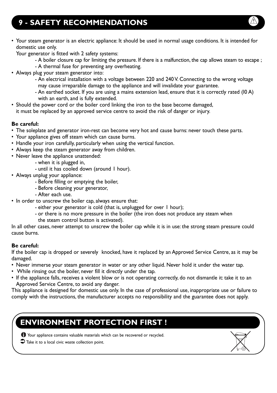 9 - safety recommendations, Environment protection first | Groupe SEB USA - T-FAL Steam Generator 028043 User Manual | Page 7 / 8