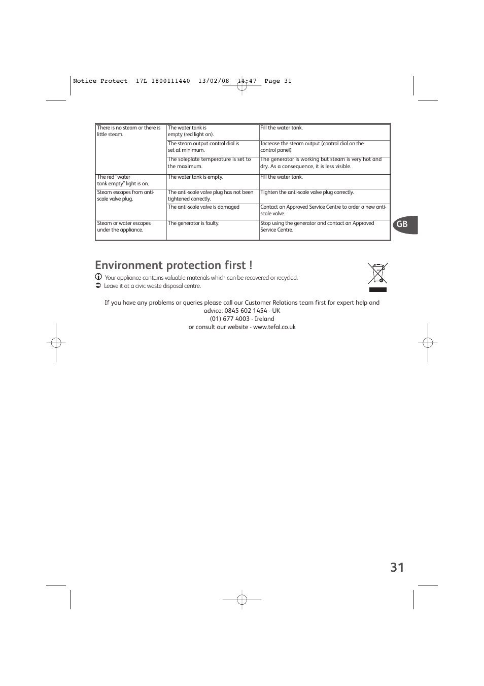 Environment protection first | Groupe SEB USA - T-FAL Protect Anti-Calc GV9360 User Manual | Page 10 / 10