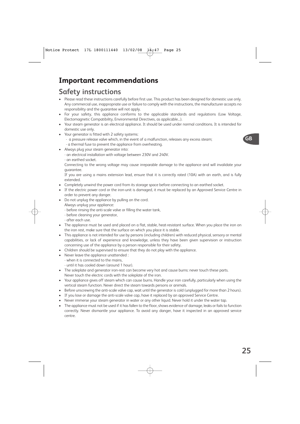Important recommendations safety instructions | Groupe SEB USA - T-FAL Protect Anti-Calc GV9360 User Manual | Page 4 / 10