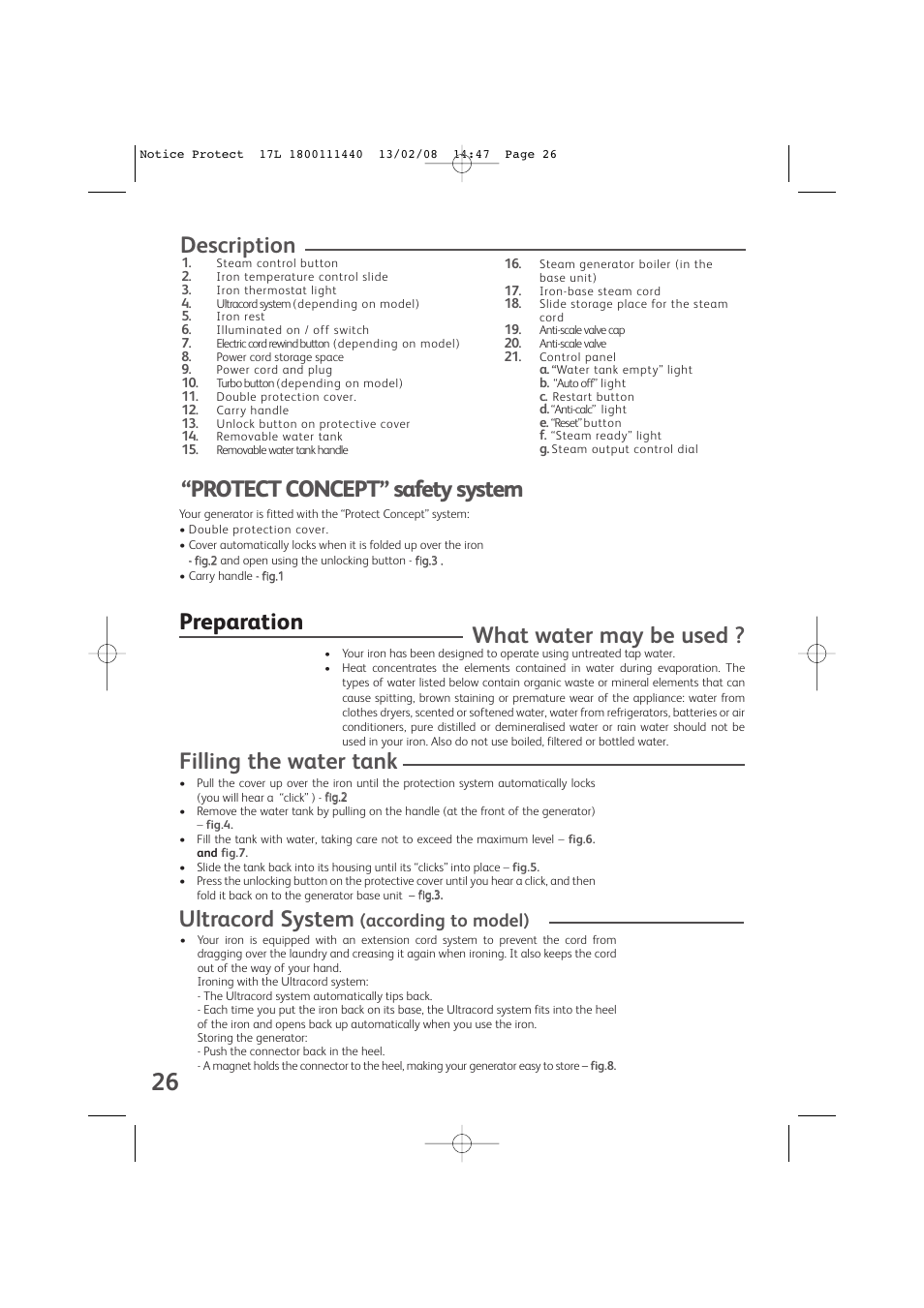 Description, Preparation what water may be used, Filling the water tank | Protect concept” safety system, Ultracord system, According to model) | Groupe SEB USA - T-FAL Protect Anti-Calc GV9360 User Manual | Page 5 / 10