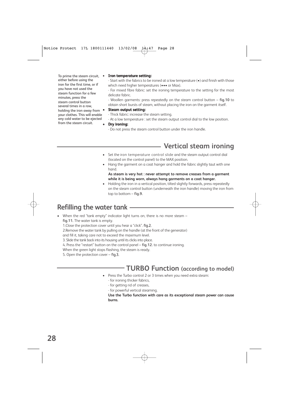 Vertical steam ironing, Refilling the water tank, Turbo function | According to model) | Groupe SEB USA - T-FAL Protect Anti-Calc GV9360 User Manual | Page 7 / 10