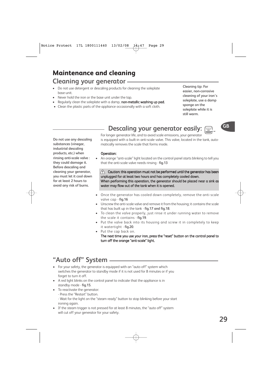 Maintenance and cleaning cleaning your generator, Descaling your generator easily, Auto off” system | Groupe SEB USA - T-FAL Protect Anti-Calc GV9360 User Manual | Page 8 / 10