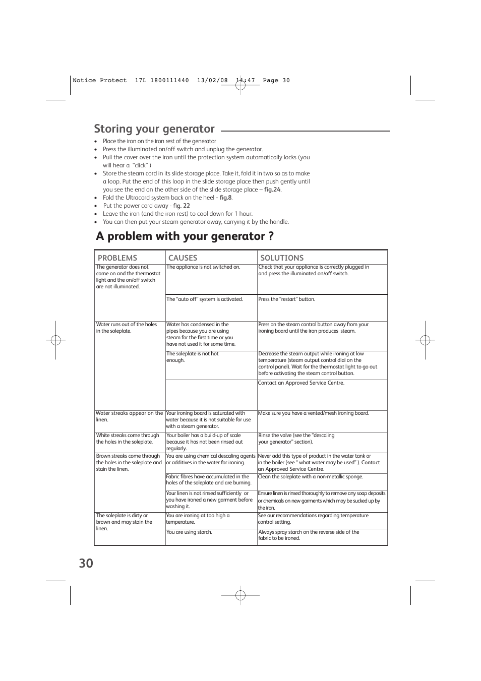 Storing your generator, A problem with your generator, Problems causes solutions | Groupe SEB USA - T-FAL Protect Anti-Calc GV9360 User Manual | Page 9 / 10