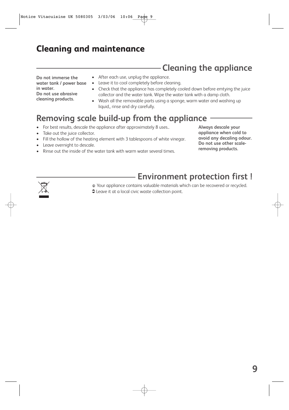 Cleaning and maintenance cleaning the appliance, Removing scale build-up from the appliance, Environment protection first | Groupe SEB USA - T-FAL VS4001 User Manual | Page 11 / 14