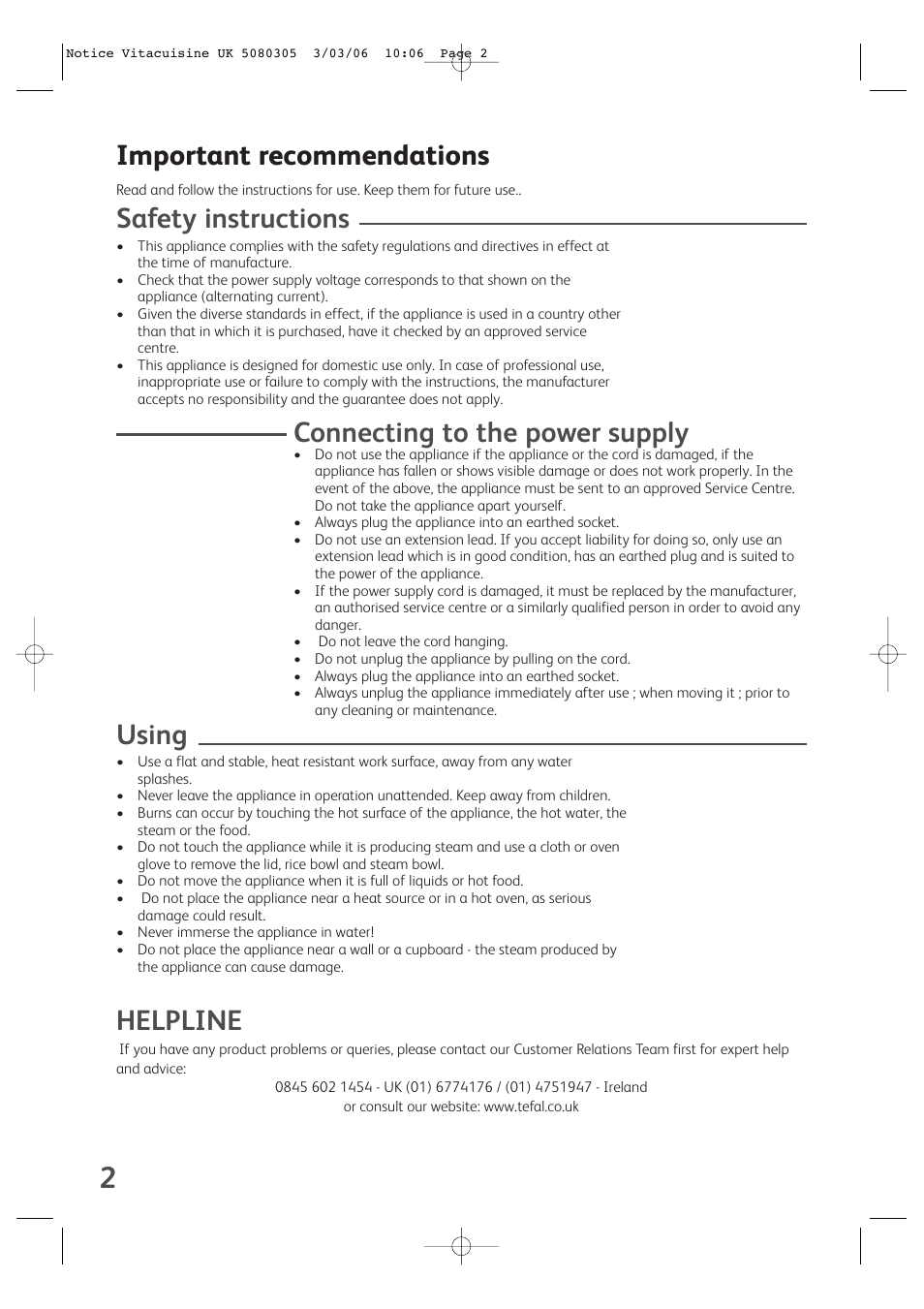 Important recommendations, Safety instructions, Connecting to the power supply | Using, Helpline | Groupe SEB USA - T-FAL VS4001 User Manual | Page 4 / 14