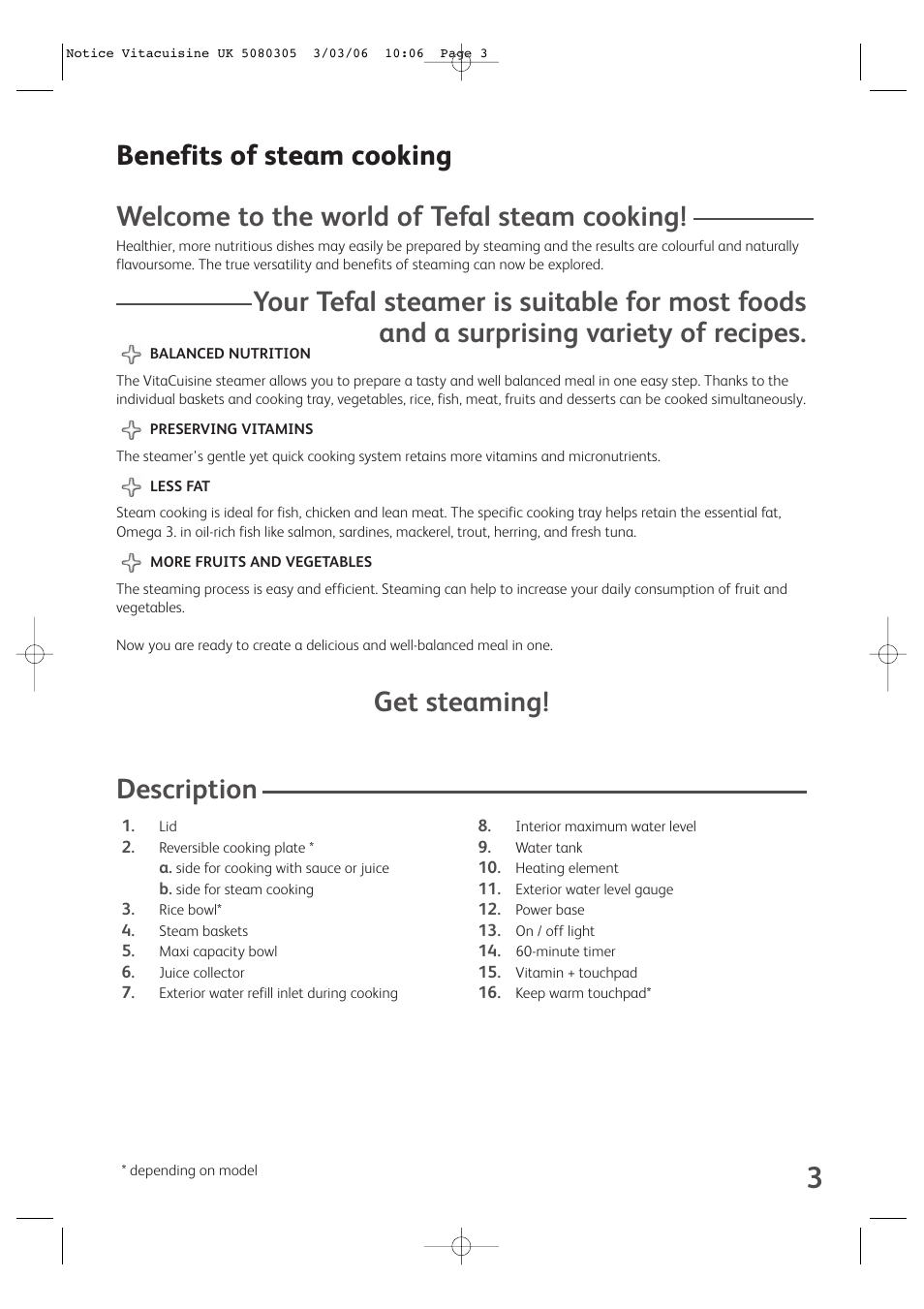 Get steaming, Description | Groupe SEB USA - T-FAL VS4001 User Manual | Page 5 / 14