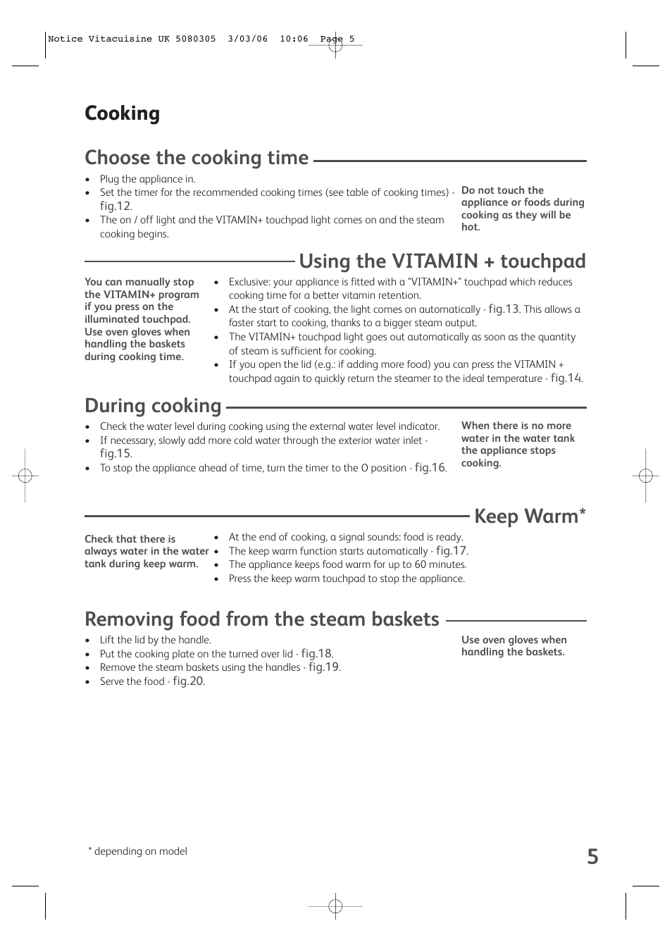 Cooking choose the cooking time, Using the vitamin + touchpad, During cooking | Keep warm, Removing food from the steam baskets | Groupe SEB USA - T-FAL VS4001 User Manual | Page 7 / 14