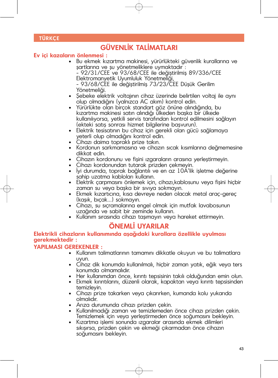 Güvenlik talimatlari, Önemli uyarilar | Groupe SEB USA - T-FAL Avanti Elite User Manual | Page 46 / 102