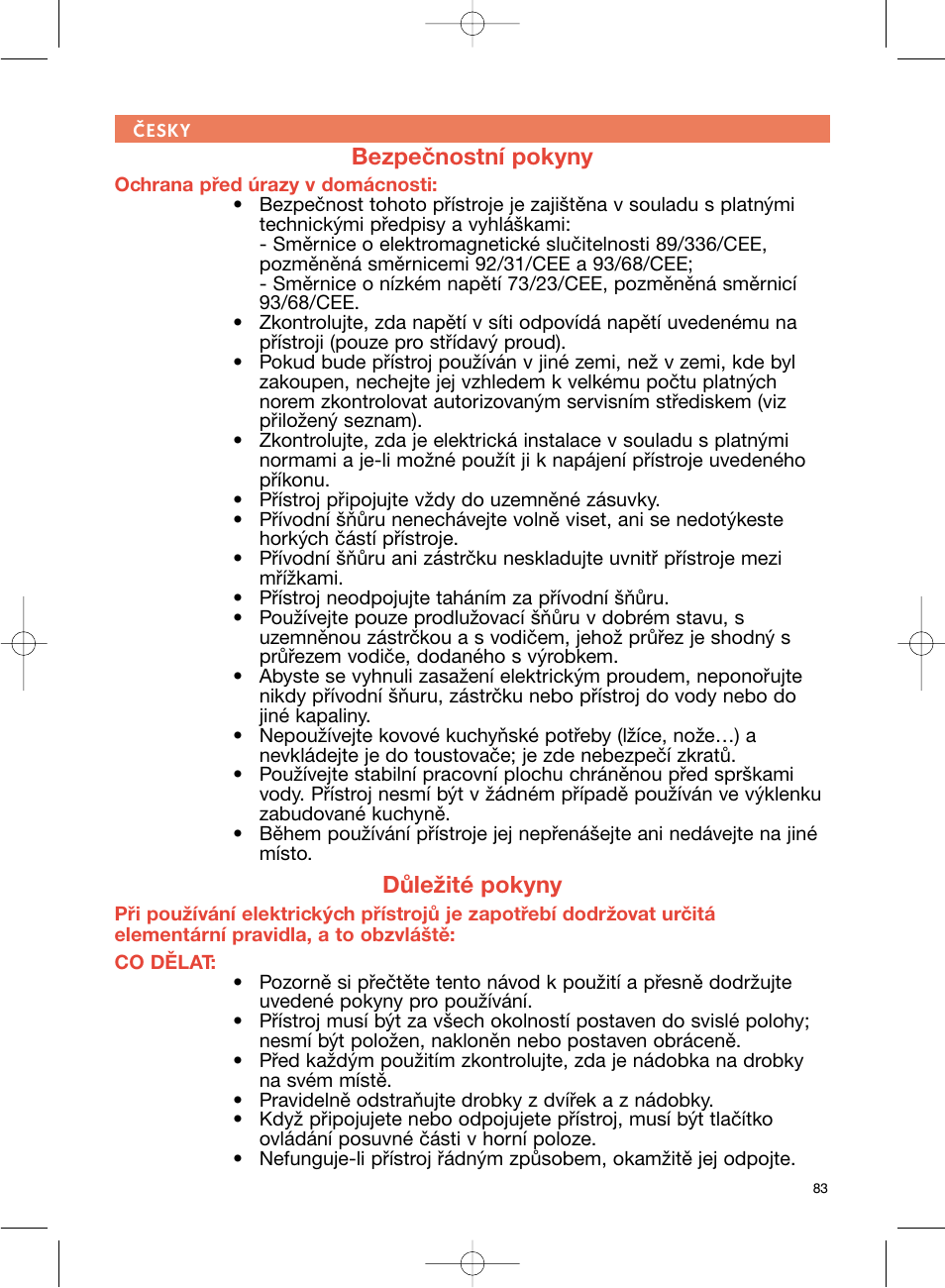 Bezpečnostní pokyny, Důležité pokyny | Groupe SEB USA - T-FAL Avanti Elite User Manual | Page 86 / 102